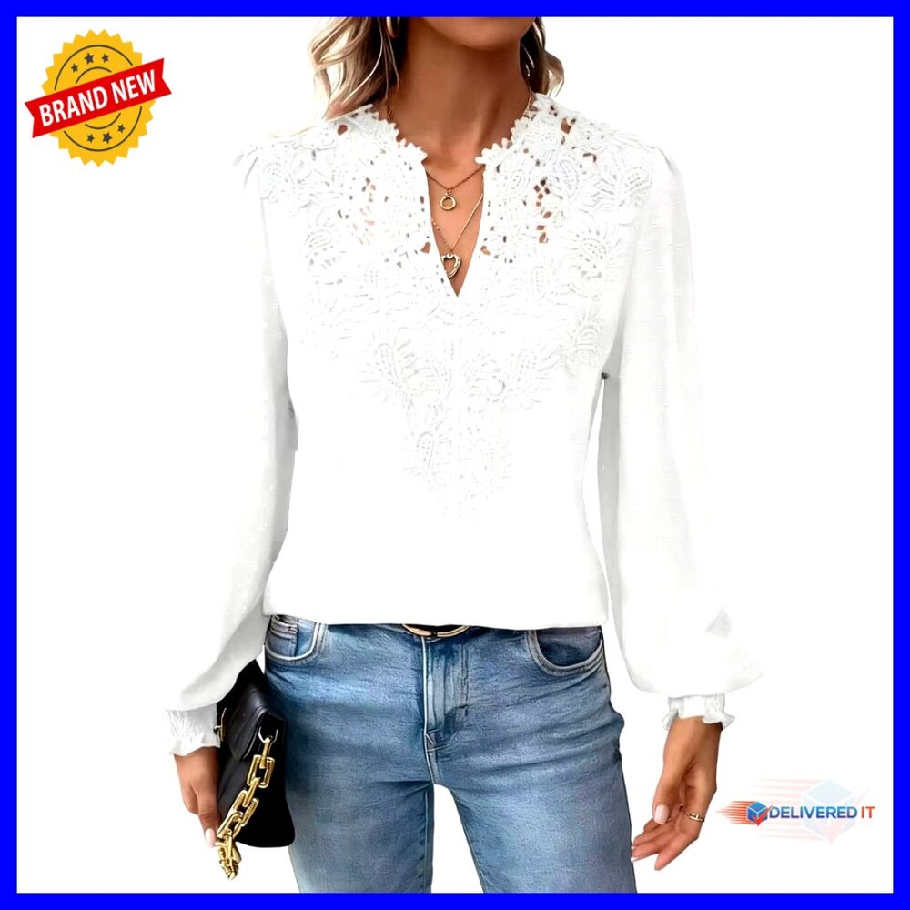 Long Sleeve V-Neck Lace Top, Flowing Lantern Sleeves, Polyester Fabric